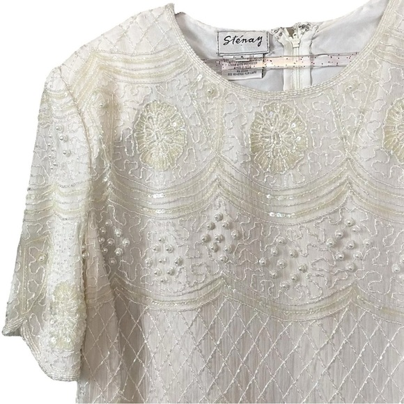 Vtg Stenay Silk Sequined Beaded Pearl Scalloped Formal Top Ivory Cream Size L - Picture 3 of 9